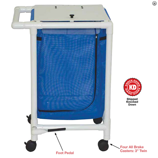 Single hamper with mesh bag (43 gallon capacity per bag), 3" twin casters, zipper opening, push/pull handle & footpedal
