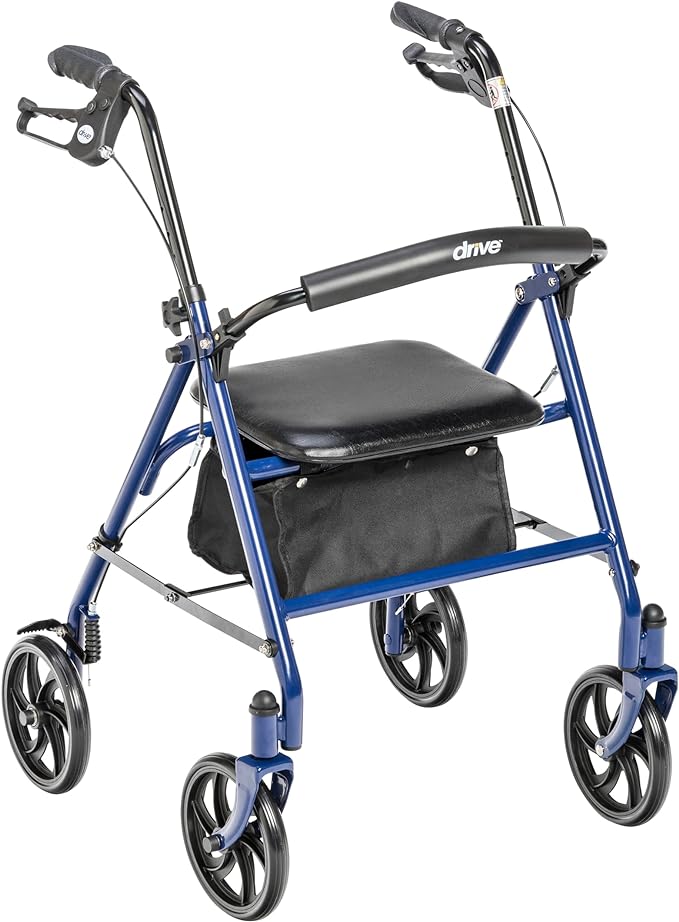 4 Wheel Rollator Walker With Seat, Steel Rolling Walker, Height Adjustable, 7.5" Wheels, Removable Back Support, 300 Pound Weight Capacity, Blue