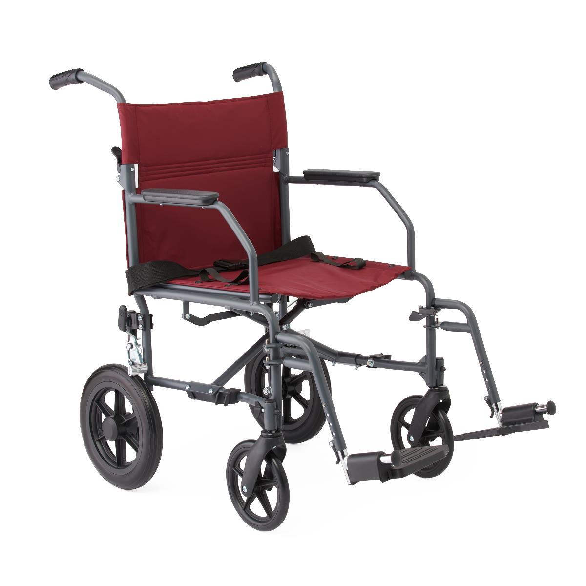 Basic Aluminum Transport Chair With Permanent Full-Length Arms, Swing-Away Footrests And 12" Wheels, Blue