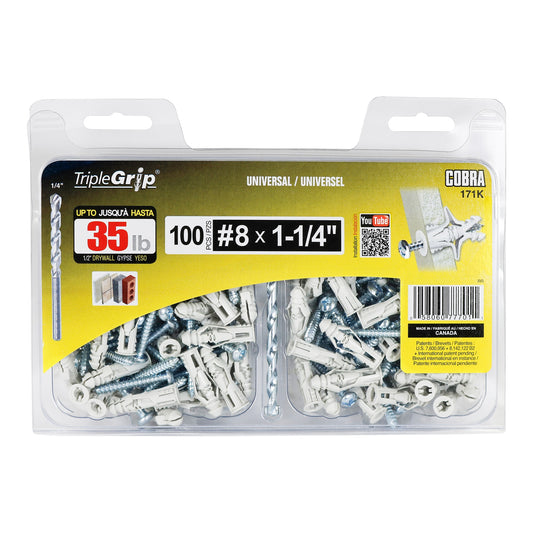 Cobra 35-lb 1/4-in x 1-1/4-in Multi-Purpose Anchors with Screws Included, 100 per Pack