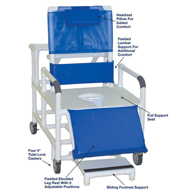 Bariatric Reclining Shower Chair 26" Internal Width, Full Support Commode Seat, Footrest, Padded Elevated Leg Extension, 600 Lbs Weight Capacity Red