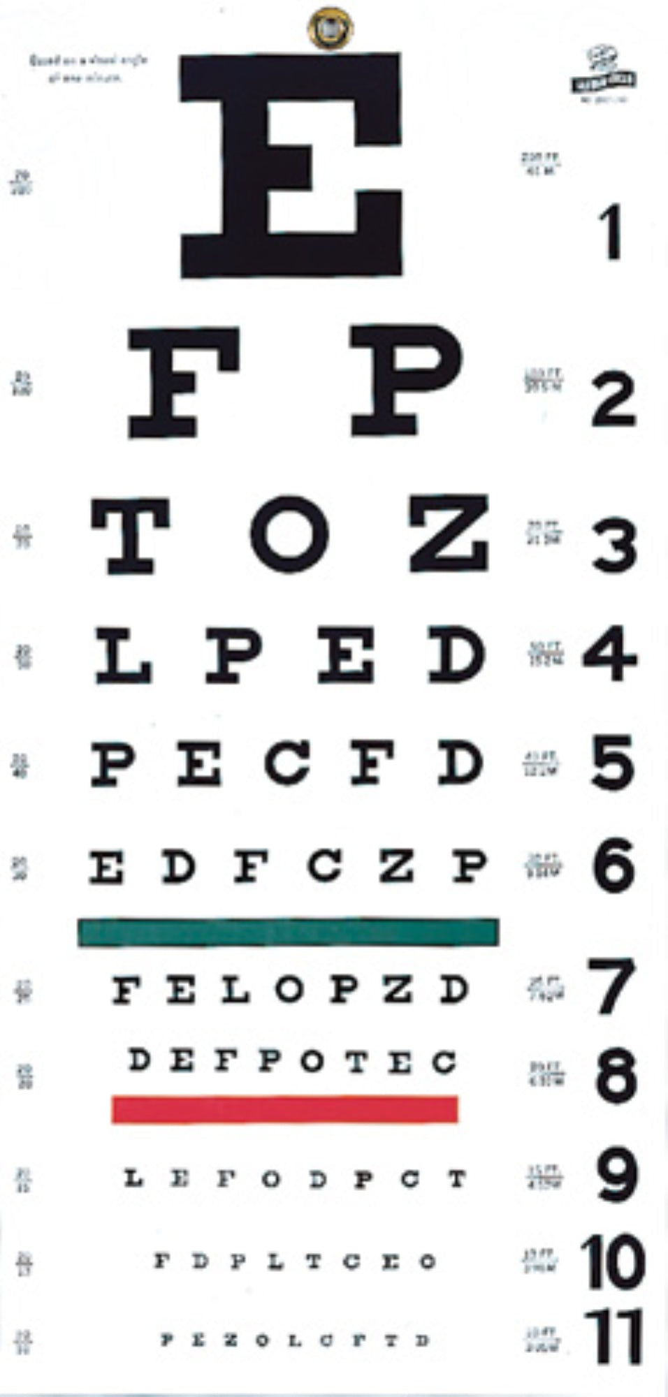 Hanging Eye Chart - 20', Non-Reflective, Matte Finish With Green And Red Color Bars. 20' Distance