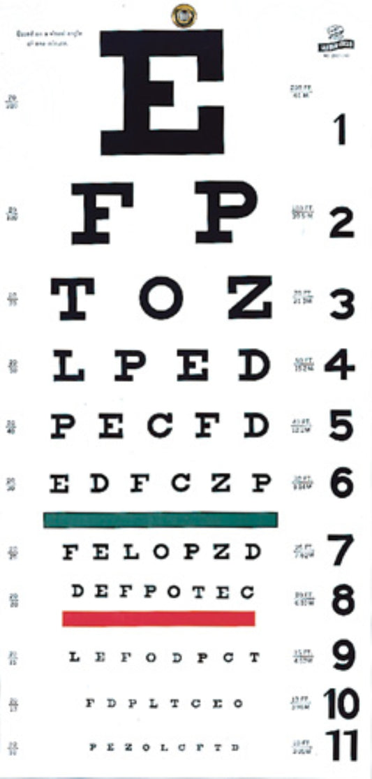 Hanging Eye Chart - 20', Non-Reflective, Matte Finish With Green And Red Color Bars. 20' Distance
