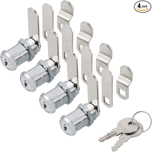 Cabinet Cam Lock Secure Important Files and Drawers, 1-1/8" Cylinder, Fits on 7/8" Max Panel Thickness, Keyed Alike with 3 Cams 2 Keys, Chrome Finish, 4 Pack
