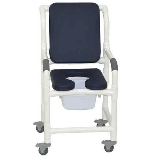 Shower Chair With Admiral Blue Soft Seat Deluxe Elongated, Cushion Back, Square Pail and 3” Total Lock Casters