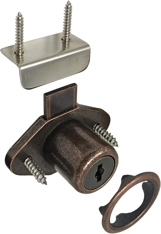 Office Desk Lock for Drawer & Door - 7/8" (.875") Bore - Antique Bronze - Keyed Alike - includes Escutcheon Trim Ring, Strike, & Screws - 4 Locks