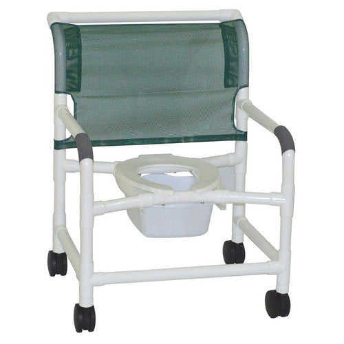 Wide shower chair 26" internal width, open front seat, 4" twin casters, 10 qt. slide out commode pail, no bar in back, 425 lbs weight capacity Yellow