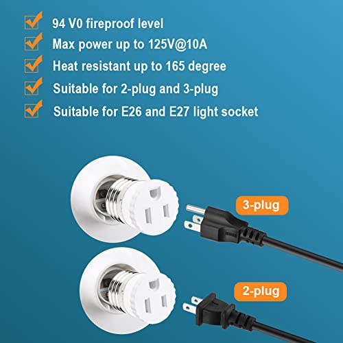 2 Pack, Light Socket to Plug Adapter (White).