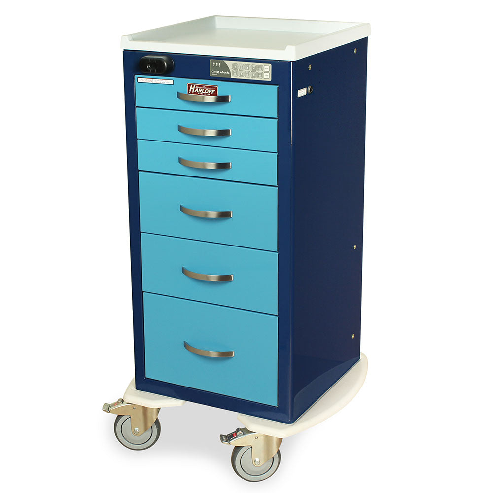 A-Series Narrow Aluminum Crash Cart, Short H, Mini W, 5 Drawers, Breakaway Lock