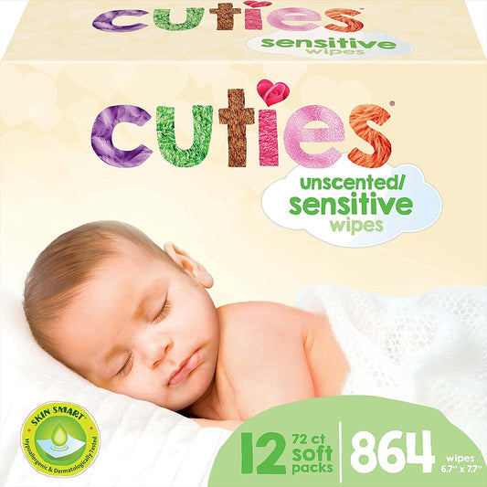 Cuties Quilted Baby Wipes Soft Pack- Sensitive/Unscented 12 packs of 72 (864 ct.)