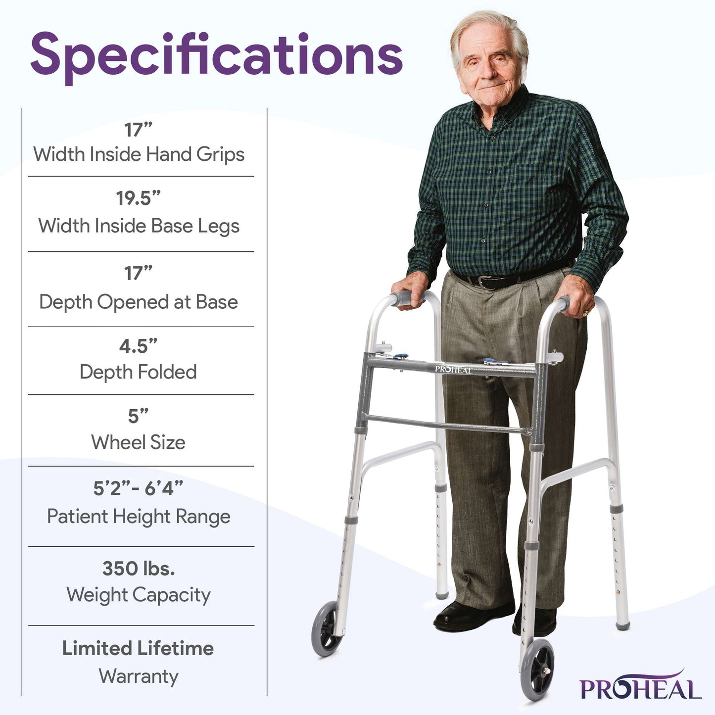 Adult Two-Button Silver Folding Steel Walker with Wheels - 350 lbs Capacity