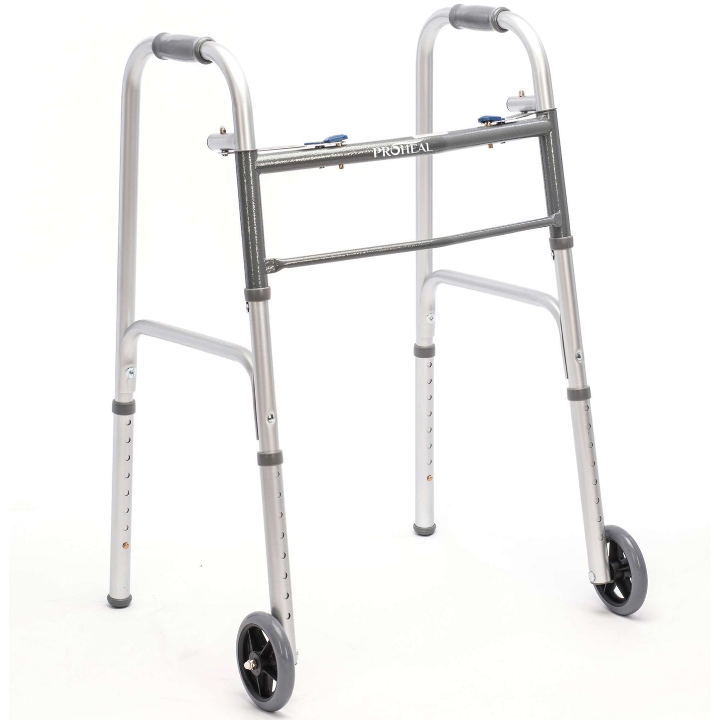 Adult Two-Button Silver Folding Steel Walker with Wheels - 350 lbs Capacity
