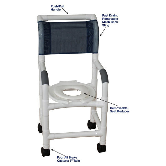 Shower Chair 15" Internal Width, For Small Adult Or Pediatric Needs, 3" Twin Casters, Open Front Seat And Reducer Hard Seat, 250 Lbs Weight Capacity Royal Blue