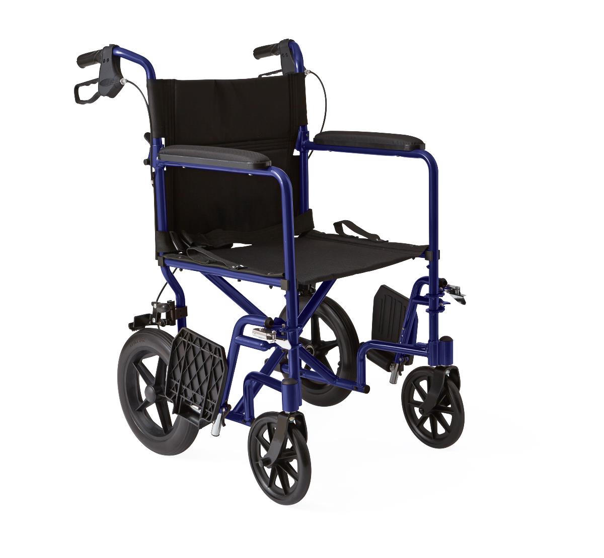 Basic Aluminum Transport Chair With Permanent Full-Length Arms, Swing-Away Footrests And 12" Wheels, Blue