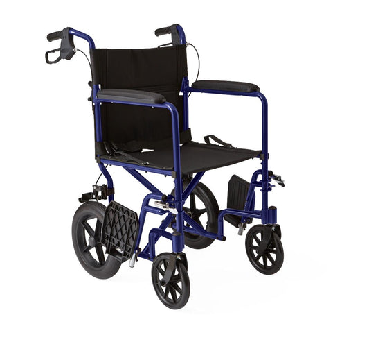Basic Aluminum Transport Chair With Permanent Full-Length Arms, Swing-Away Footrests And 12" Wheels, Blue