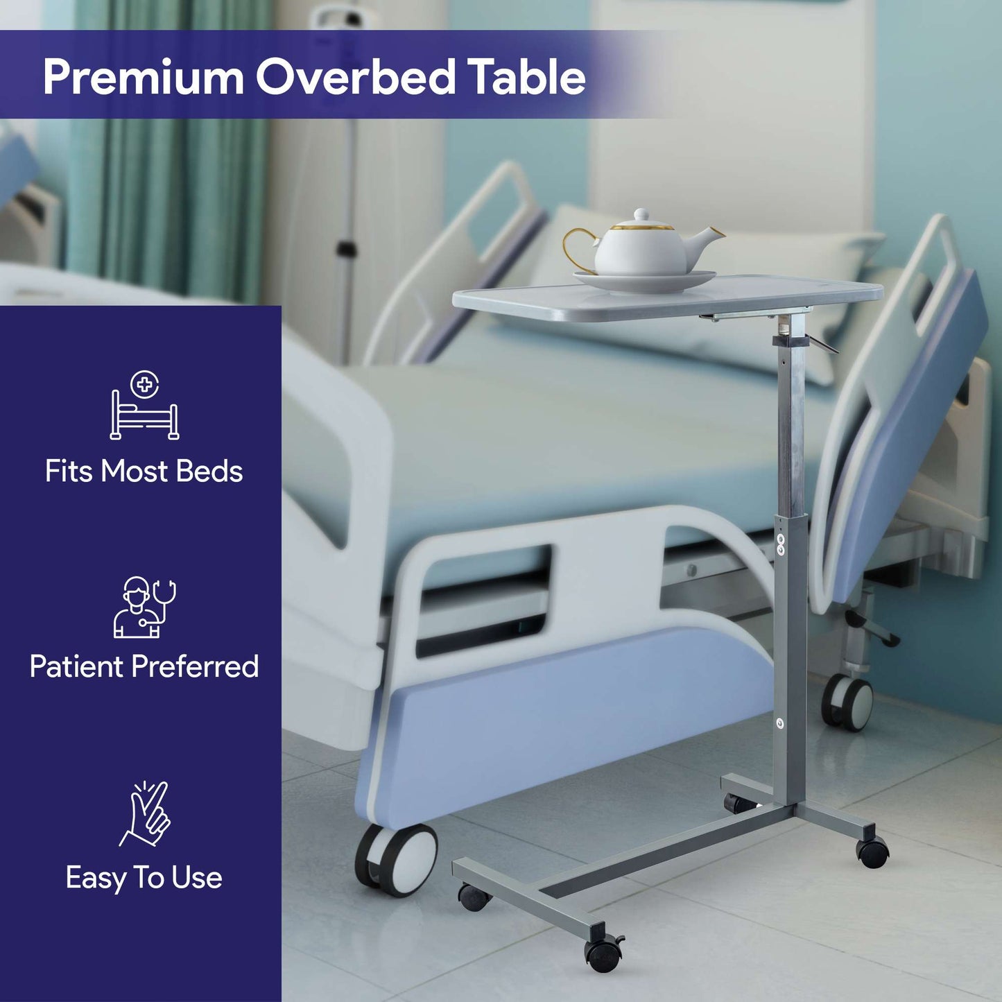 Overbed Table with Wheels - Gray Composite Top and Adjustable Height