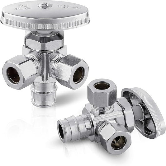 Efield Multi-Turn Dual Outlet Angle Stop Valve, Multi-Turn, 1/2" Expansion F1960 Pex-A Pipe Inlet X (3/8 Inch X 3/8 Inch) Compression Outlets, 2 Per Pack