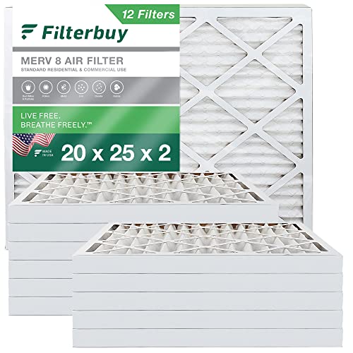 Filterbuy 20x25x2 Air Filter MERV 8 Dust Defense (12-Pack), Pleated HVAC AC Furnace Air Filters Replacement (Actual Size: 19.50 x 24.50 x 1.75 Inches)