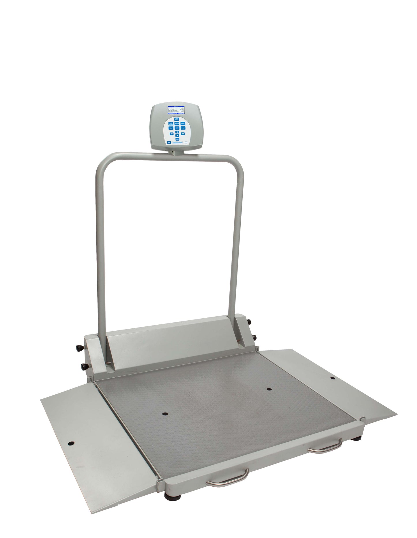 Digital Wheelchair Dual Ramp Scale with Folding Ramps, Capacity: 1000 lbs/454 kg, Resolution: 0.2 lb/0.1kg, Platform Dimension: 32¼"W x 36"D, Ramp Size: 32¼"W x 9 7/8"D, (4) Wheels, 120V Adapter (included) or (6) AA Batteries (not included), 180° Swivel D