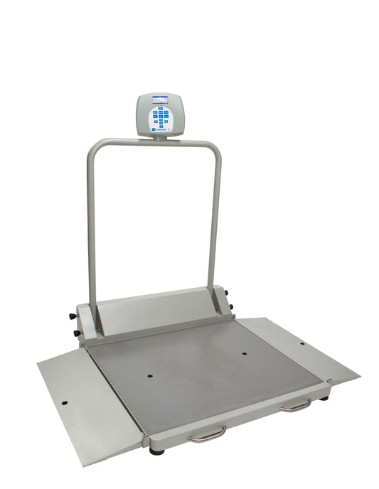 Digital Wheelchair Dual Ramp Scale with Folding Ramps, Capacity: 1000 lbs/454 kg, Resolution: 0.2 lb/0.1kg, Platform Dimension: 32¼"W x 36"D, Ramp Size: 32¼"W x 9 7/8"D, (4) Wheels, 120V Adapter (included) or (6) AA Batteries (not included), 180° Swivel D