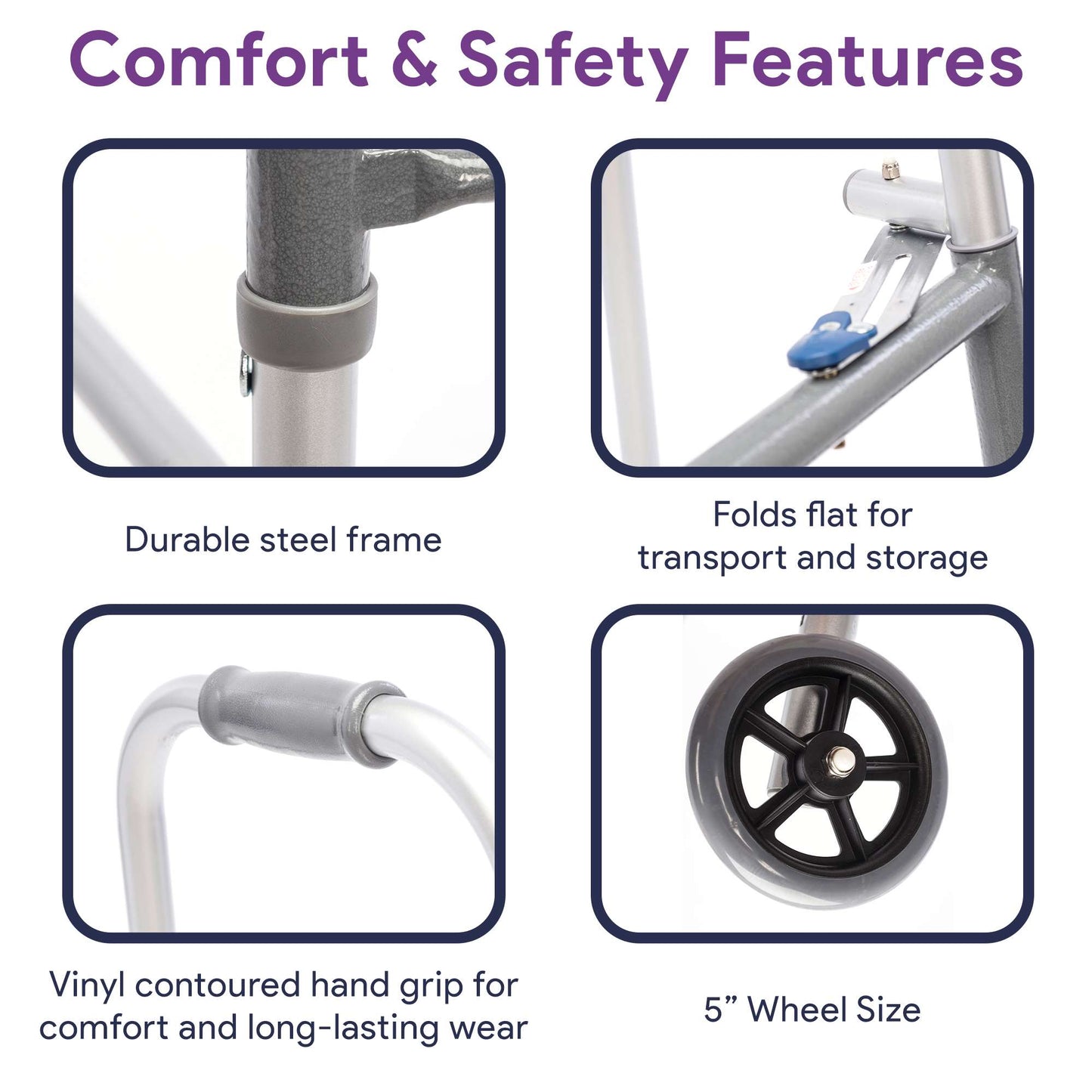 Adult Two-Button Silver Folding Steel Walker with Wheels - 350 lbs Capacity