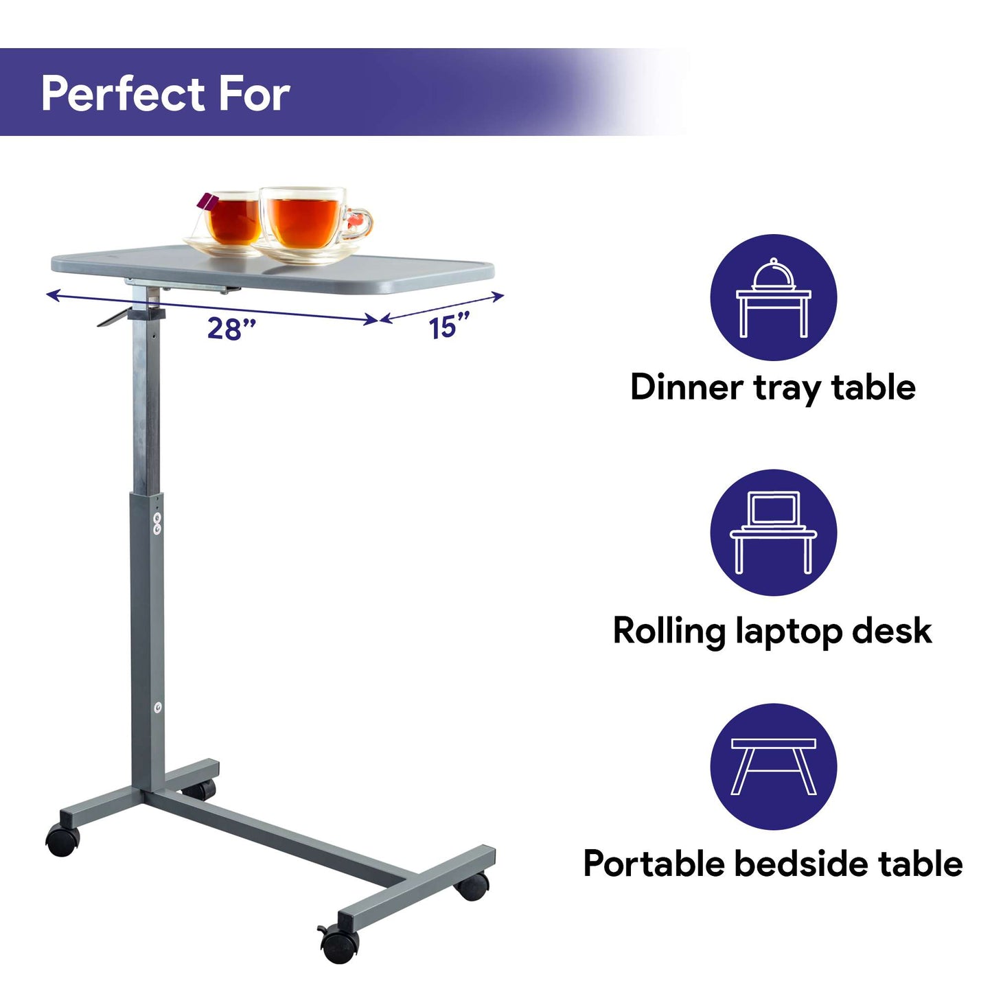 Overbed Table with Wheels - Gray Composite Top and Adjustable Height