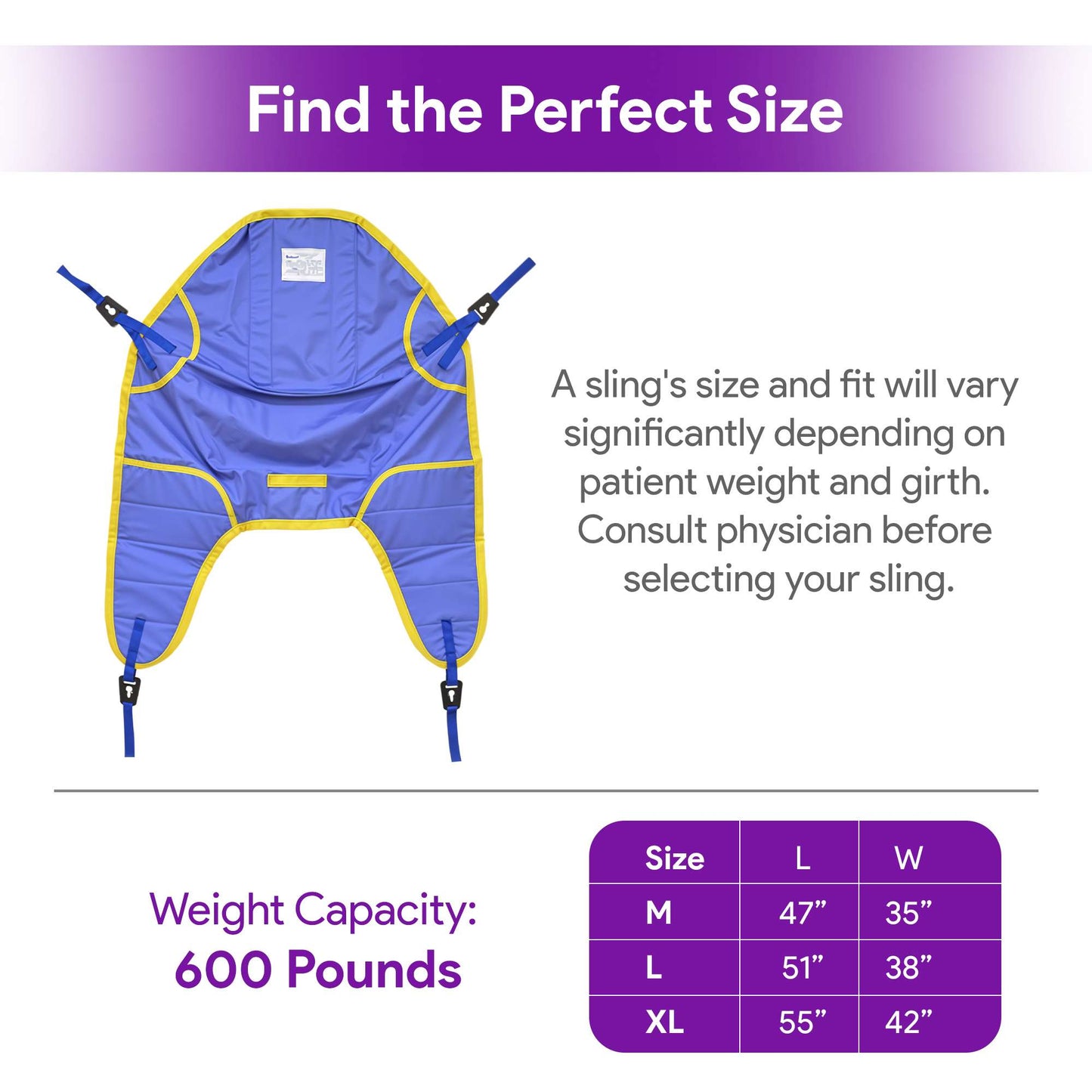 Padded Clip U Sling for Cradle Bar Patient Lifts -Head Support, X Large, 55"x42"