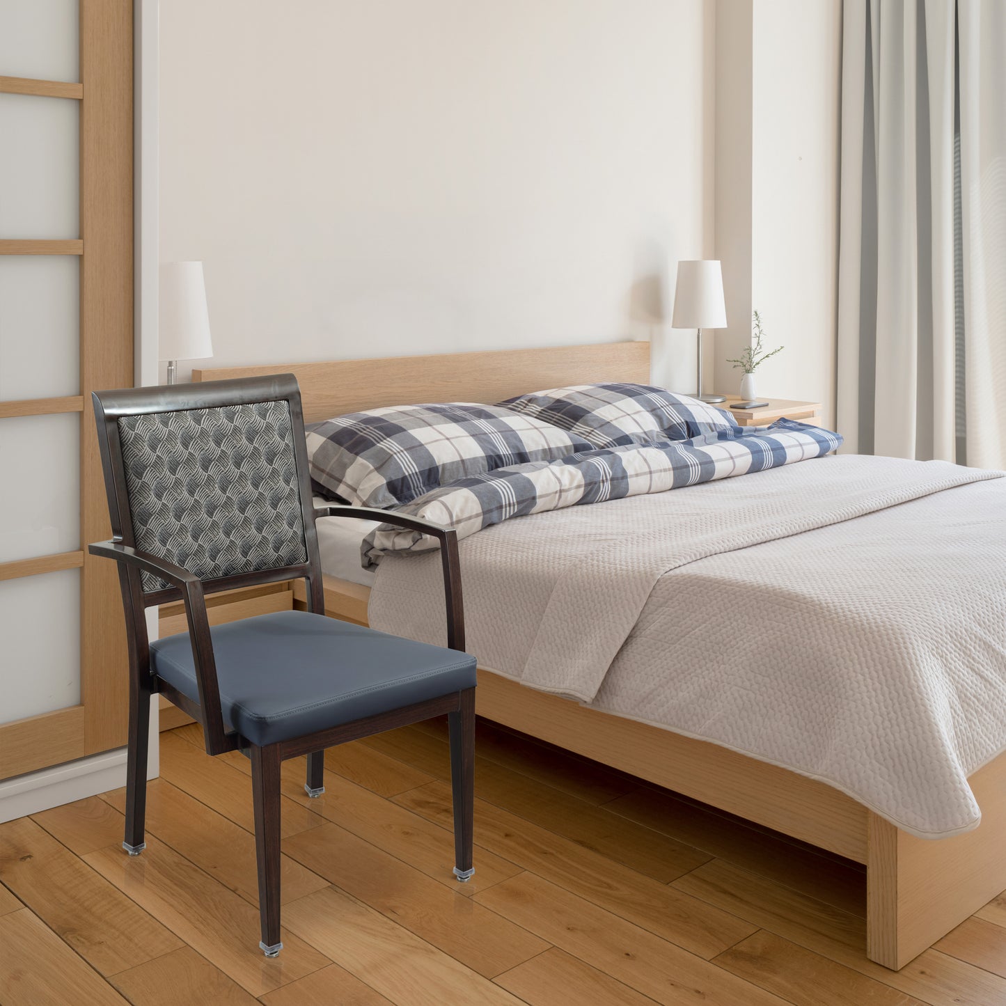Dark Blue Chair with Square Arms, Square Grey Back | Facility Wing: EAST B