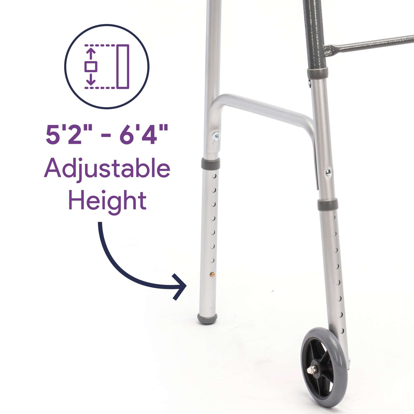 Adult Two-Button Silver Folding Steel Walker with Wheels - 350 lbs Capacity