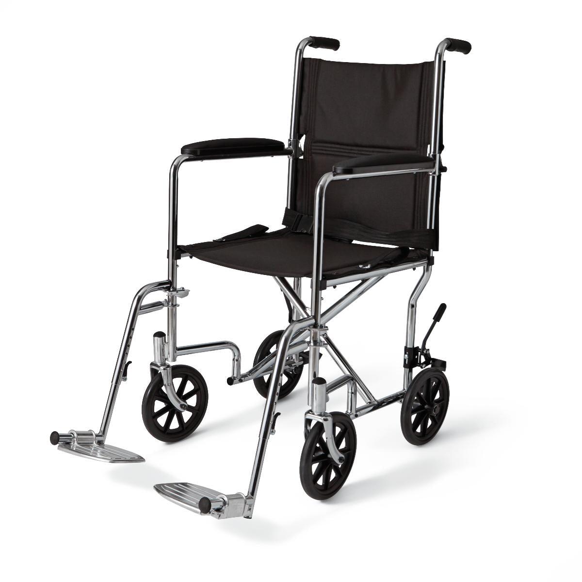Basic Aluminum Transport Chair With Permanent Full-Length Arms, Swing-Away Footrests And 12" Wheels, Blue