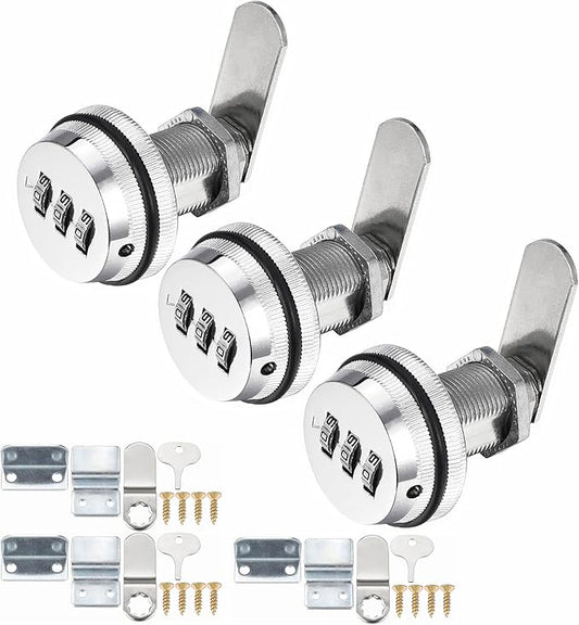 3 Pack Combination Cabinet Cam Lock Password Coded Lock With 1-1/8'' Cylinder And Chrome Finish, Security Combi-Cam Lock For Cabinet Filing Drawers Mailbox, Silver