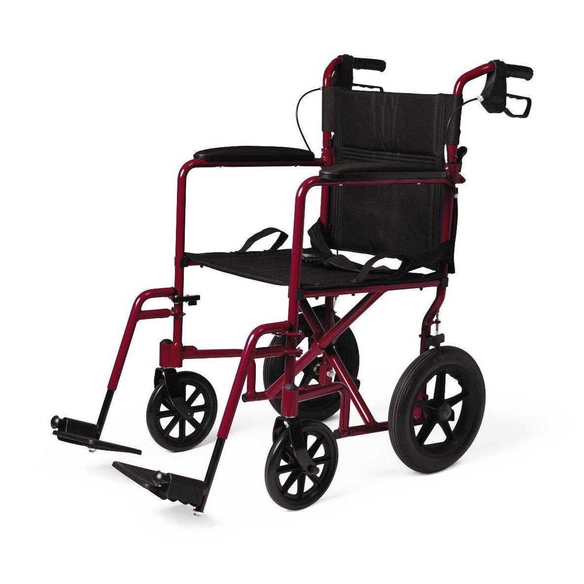 Basic Aluminum Transport Chair With Permanent Full-Length Arms, Swing-Away Footrests And 12" Wheels, Blue