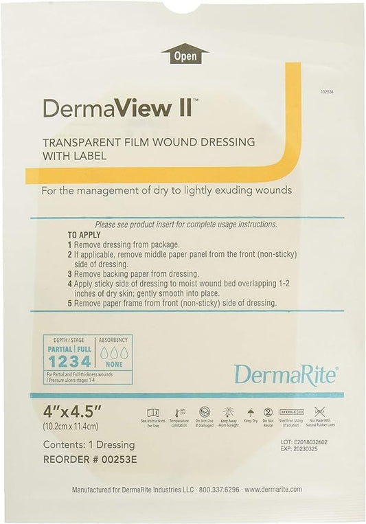 DermaView II, 4"x4.5", Transparent Film Wound Dressing